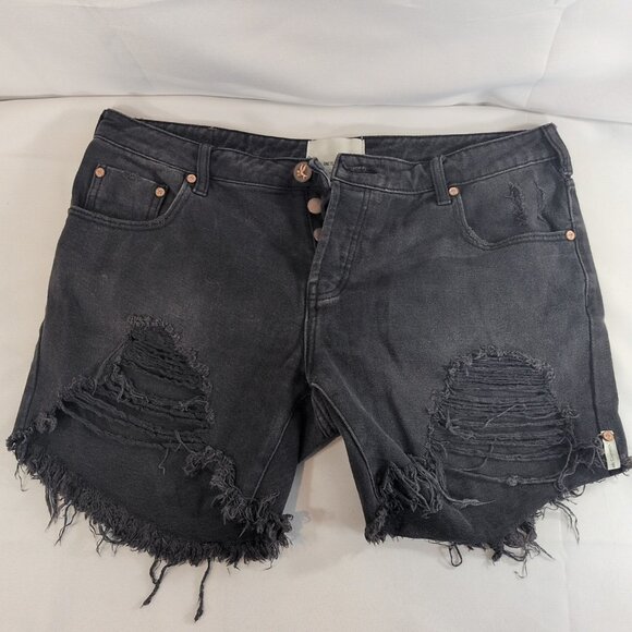 One Teaspoon Stevies 30 Denim Shorts Jeans Black Distressed Slim-Fit Boyfriend - Picture 1 of 16